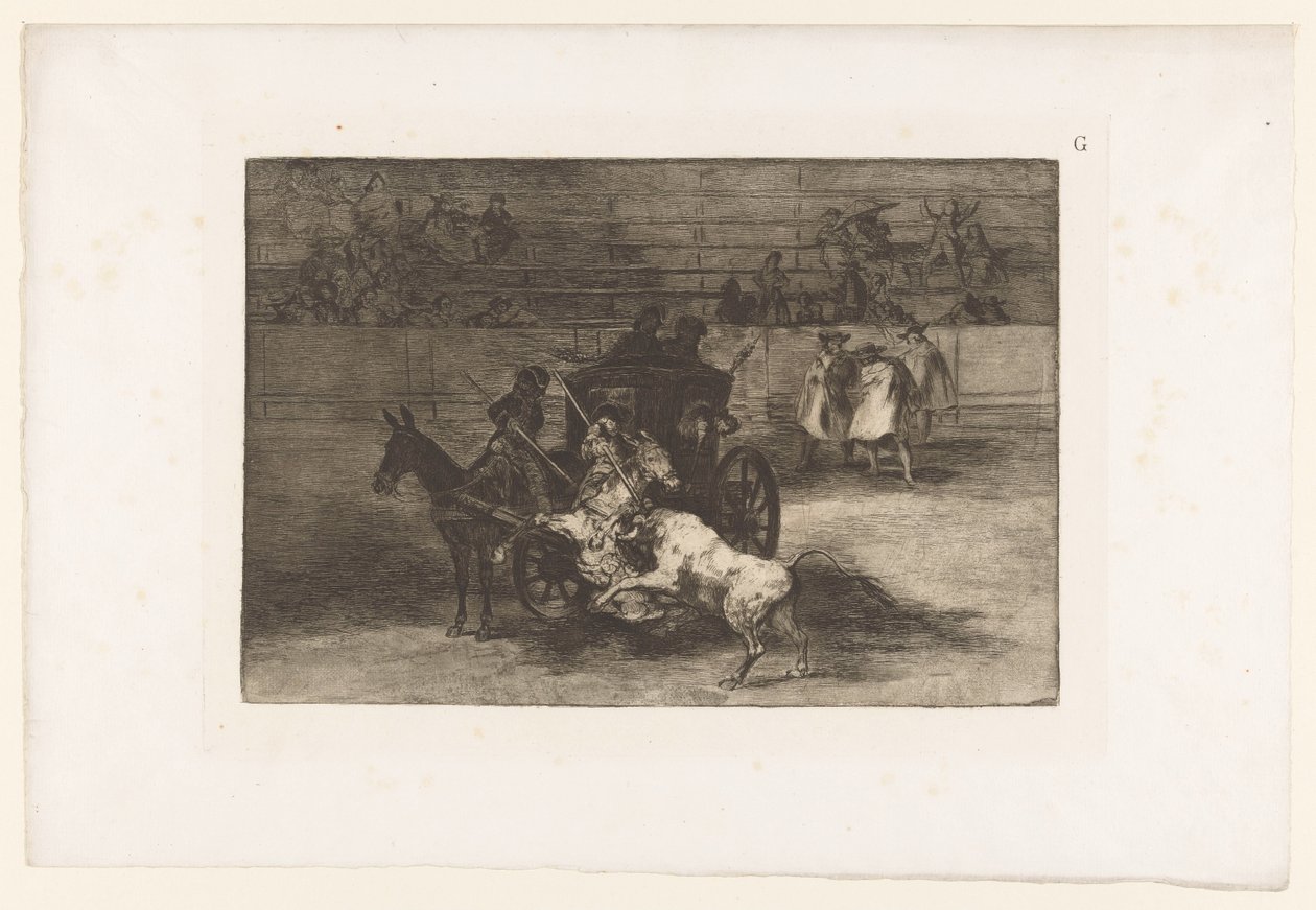 Menn angriper en okse fra en vogn Combat dans une voiture attelée de deux mulets Tyrekamp (serietittel) La Taureaumachie (serietittel) La Tauromaquia (serietittel) av Francisco de Goya