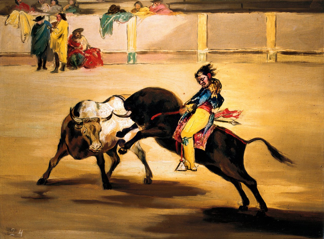 Mariano Ceballos kalt "indianeren" på ryggen av en okse bryter gjedden sin på arenaene i Madrid, ca. 1810 (maleri) av Francisco de Goya