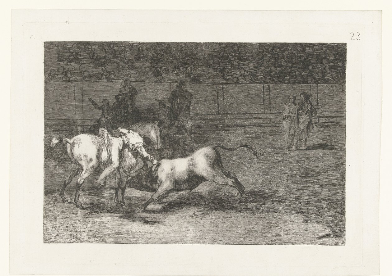 Mariano Ceballos doodt en stier Madriano Ceballos, alias El Indio, dreper oksen fra hesten sin Tyrefekting (serietittel) Stierenvechten (serietittel) av Francisco de Goya