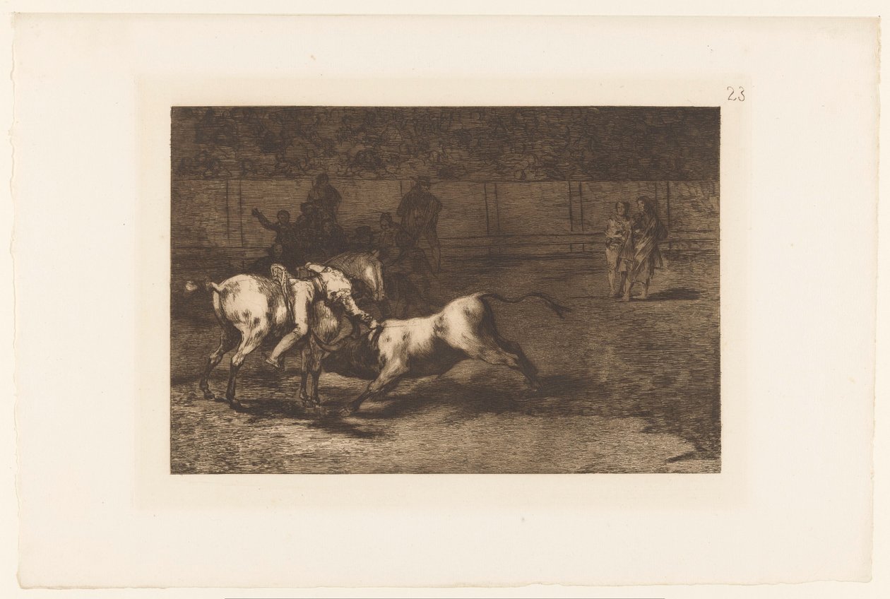 Mariano Ceballos doodt en stier Mariano Ceballos, alias El Indio, dreper oksen fra hesten sin Stierengevechten (serietittel) La Taureamachie (serietittel) Tyrefekting (serietittel) av Francisco de Goya