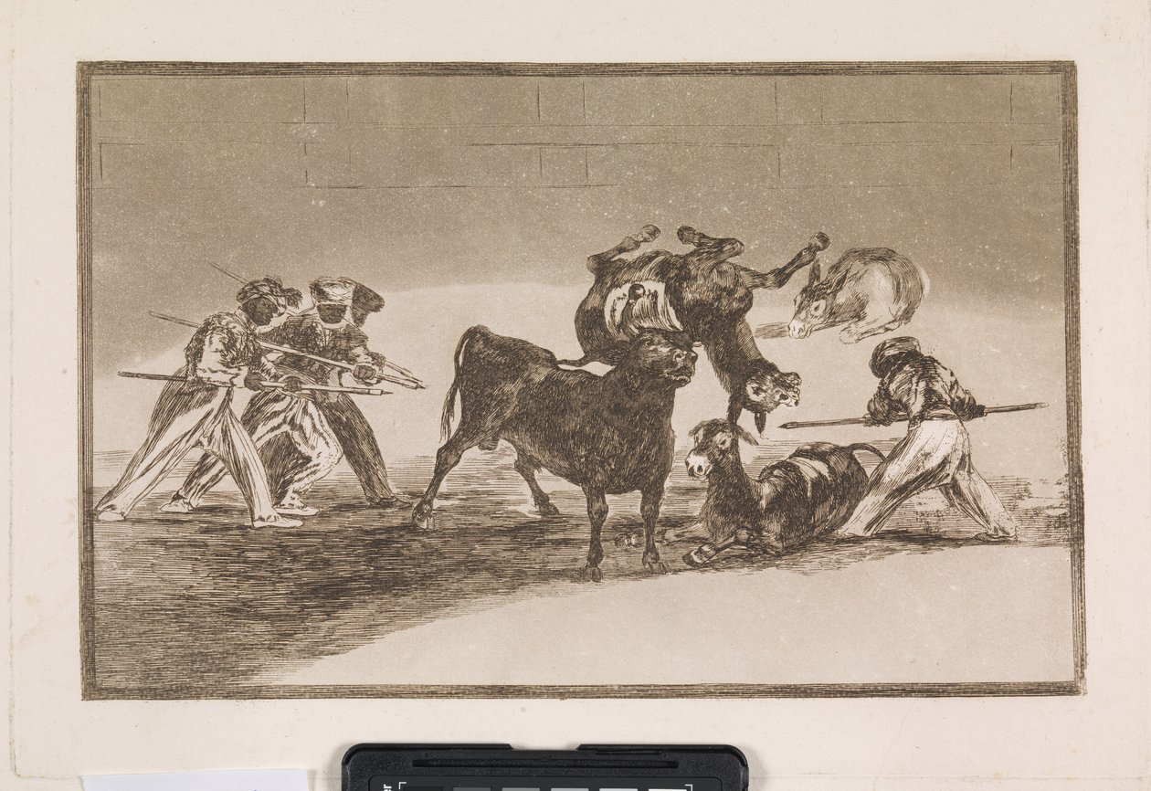 Maurerne bruker esler som en barriere for å forsvare seg mot oksen, hvis horn er utstyrt med kuler av Francisco de Goya