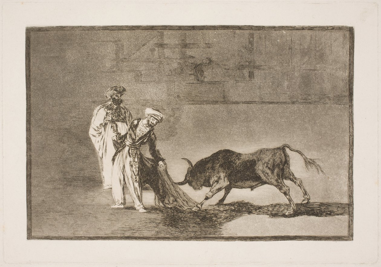 Maurerne på arenaen strekker seg langt for å tiltrekke seg oksen ved hjelp av brenningen av Francisco de Goya