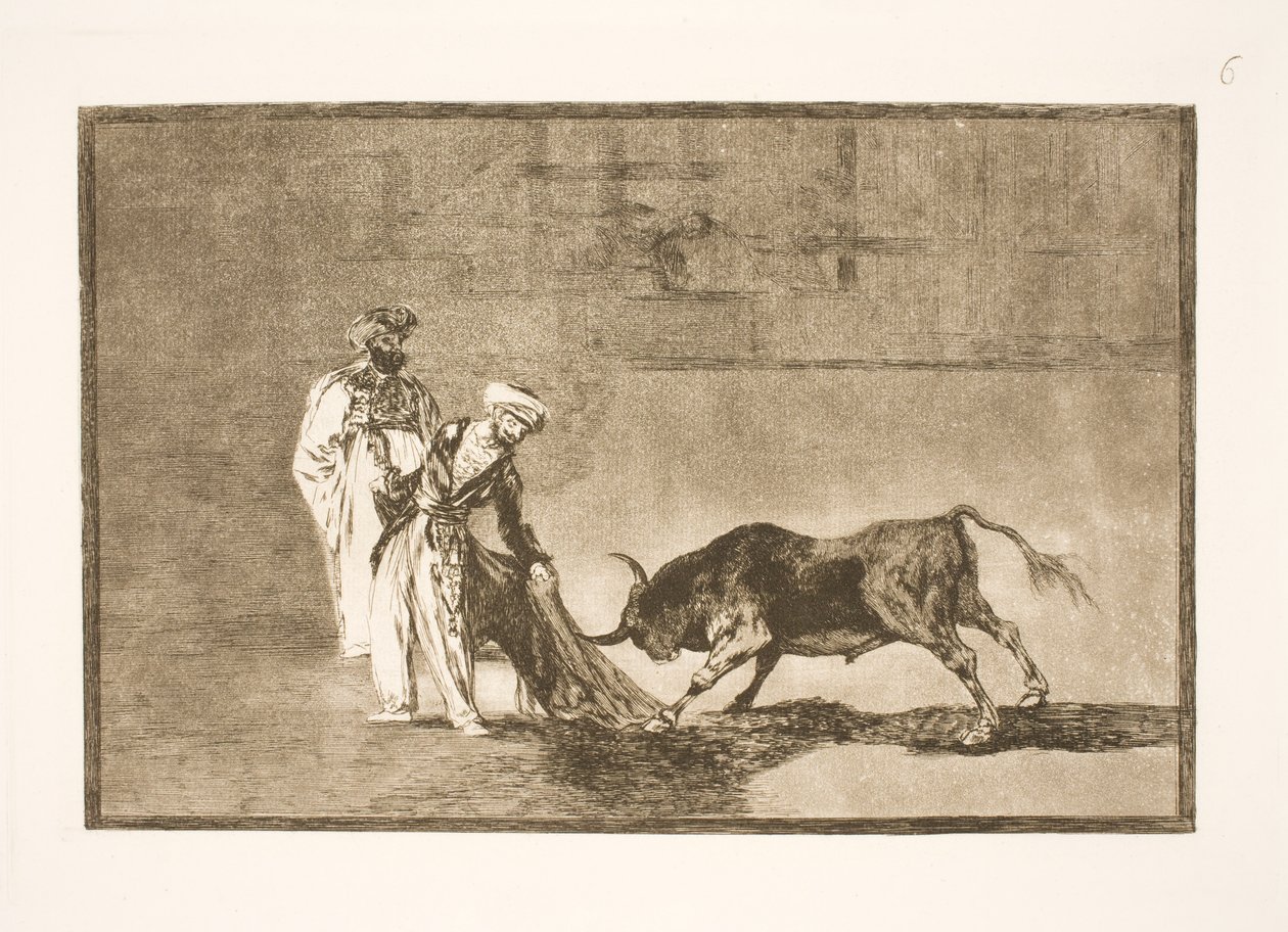 Maurerne utfører et nytt triks på arenaen, og lokker oksene til seg med burnussene sine av Francisco de Goya