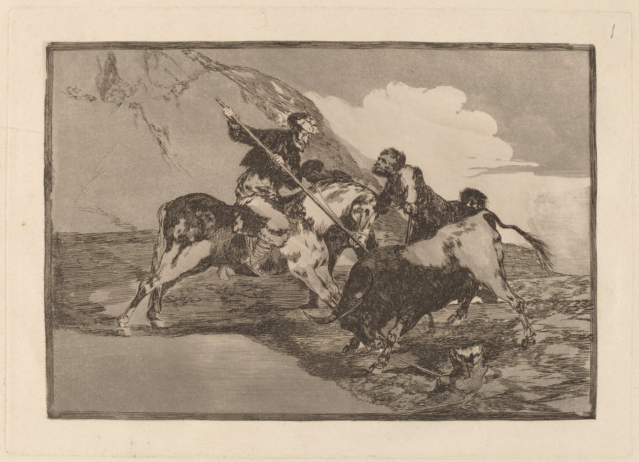 Måten de gamle spanjolene jaktet okser på til hest i marken (måten som de gamle spanjolene jaktet okser på hesteryggen på i det åpne landet) av Francisco de Goya