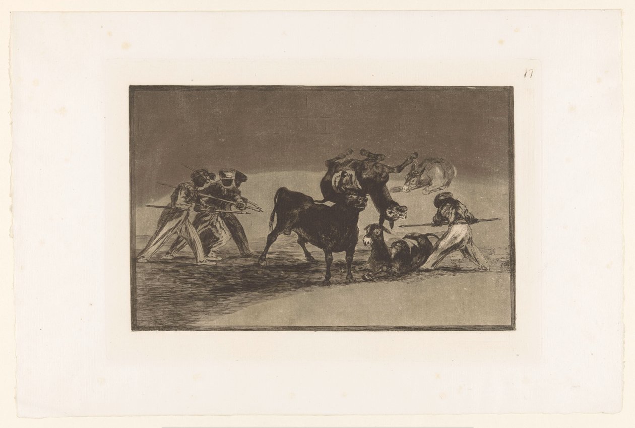 Maurer og esler kjemper mot en okse Palenque de los Moros hecho con burros para defenderse del toro embolado Tyrekamp (serietittel) La Taureaumachie (serietittel) La Tauromaquia (serietittel) av Francisco de Goya