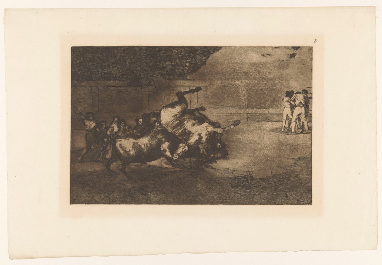 Hest veltet av en okse Cheval reverse par un taureau Tyrefekter (serietittel) La Taureaumachie (serietittel) La Tauromaquia (serietittel) av Francisco de Goya