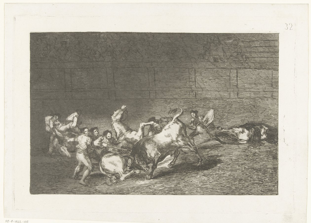 Picador steekt een lans in een stier To grupper med picadorer kjørt over på rad av en enkelt okse Tyrefekting (serietittel) Stierenvechten (serietittel) av Francisco de Goya