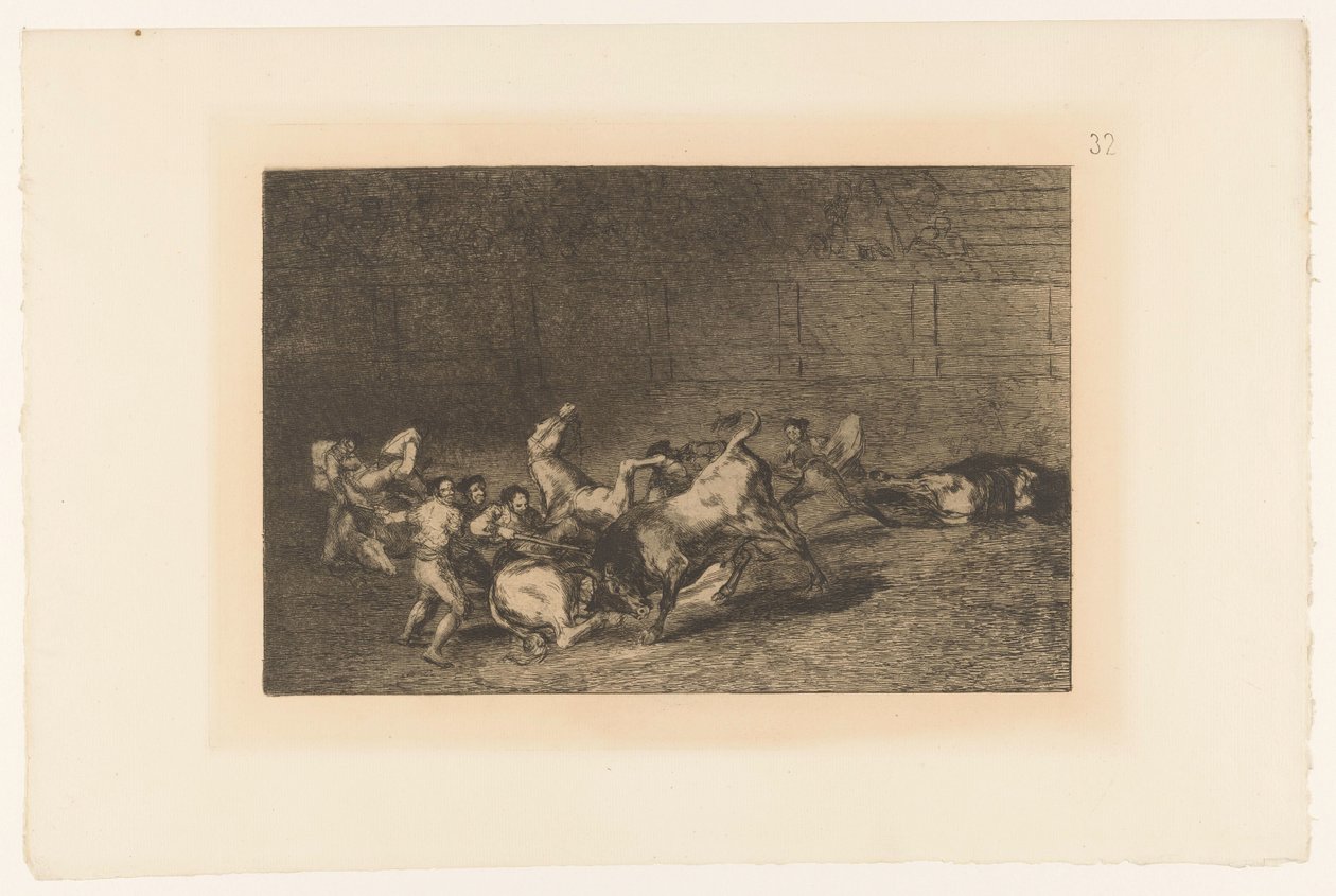 Picador steekt een lans in een stier To grupper med picadorer kjørt over på rad av en enkelt okse Stierengevechten (serietittel) La Taureamachie (serietittel) Tyrefekting (serietittel) av Francisco de Goya
