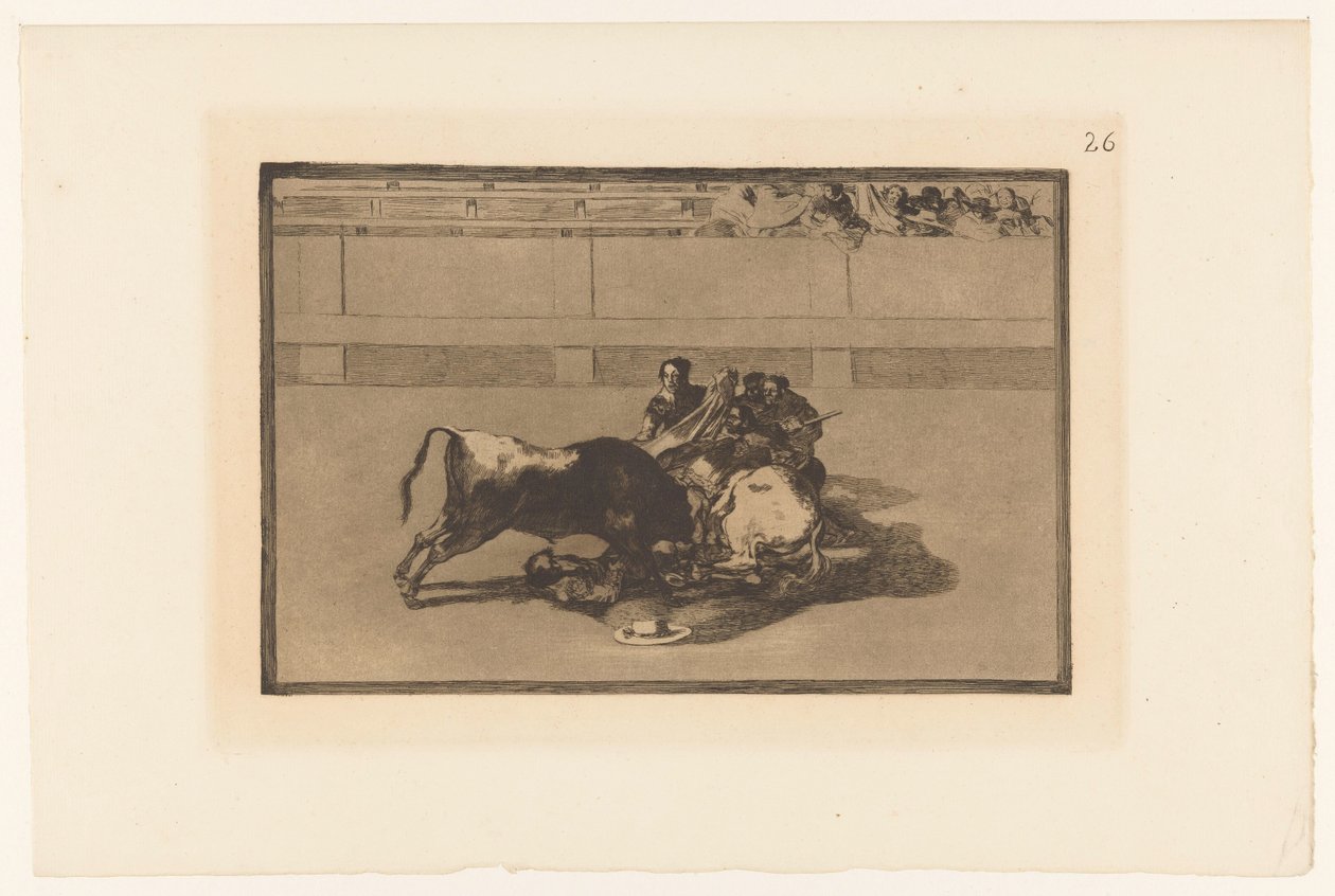 Picador falt av hesten Caida de un picador de su caballo debajo del toro Tyrekamp (serietittel) La Taureaumachie (serietittel) La Tauromaquia (serietittel) av Francisco de Goya