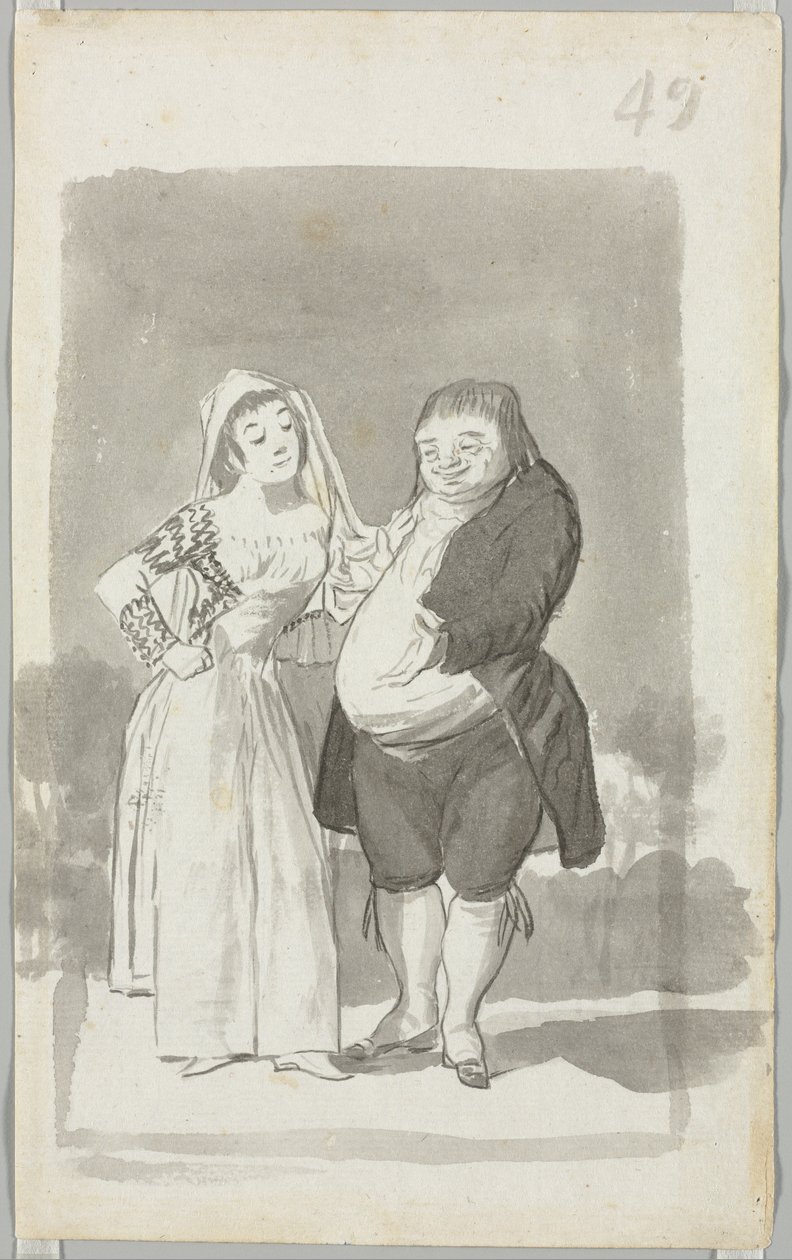 Prostituert som oppfordrer til en feit, stygg mann (recto) av Francisco de Goya
