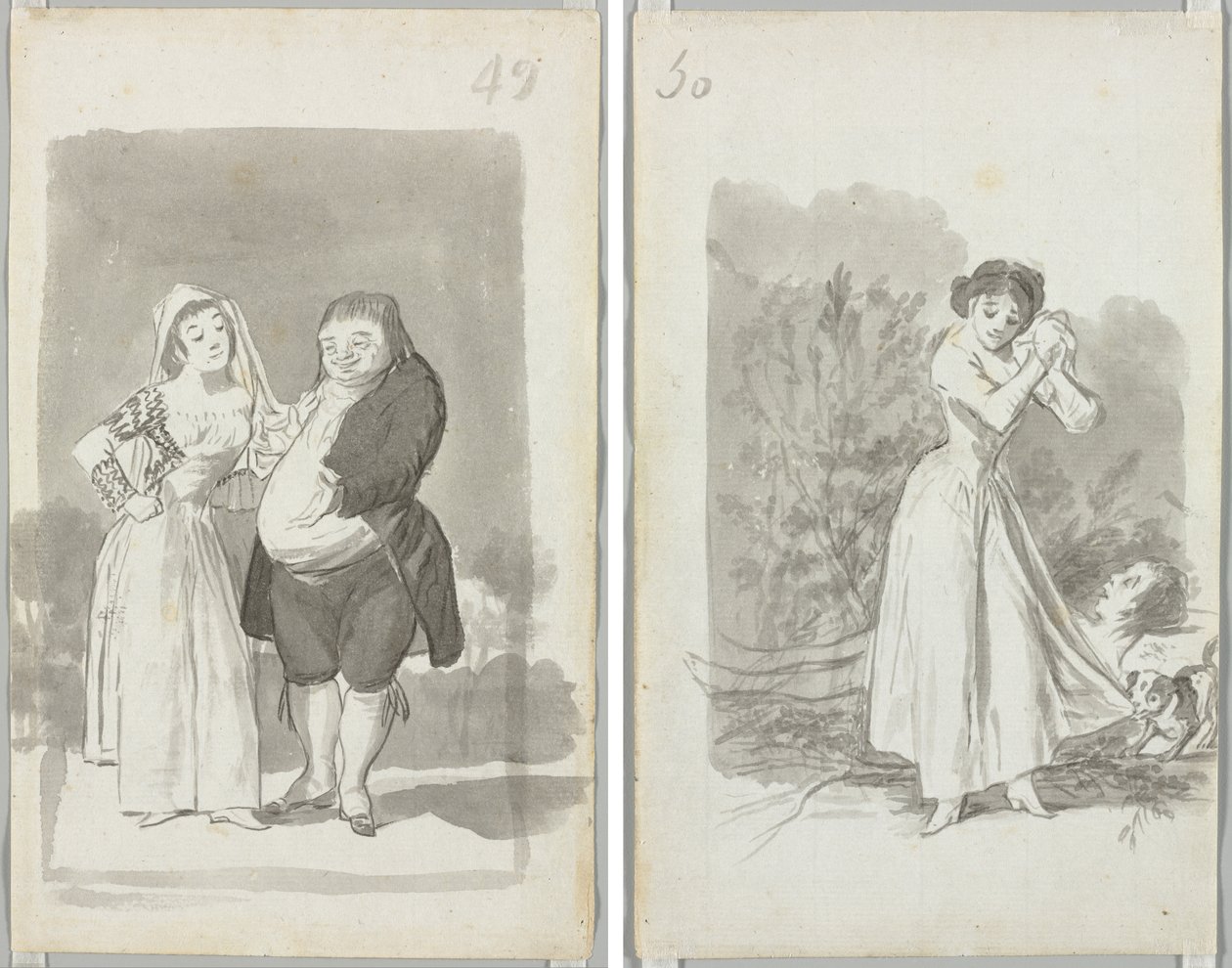 Prostituert som søker en feit, stygg mann (recto); Ung kvinne vri hendene over en manns nakne kropp (verso) av Francisco de Goya
