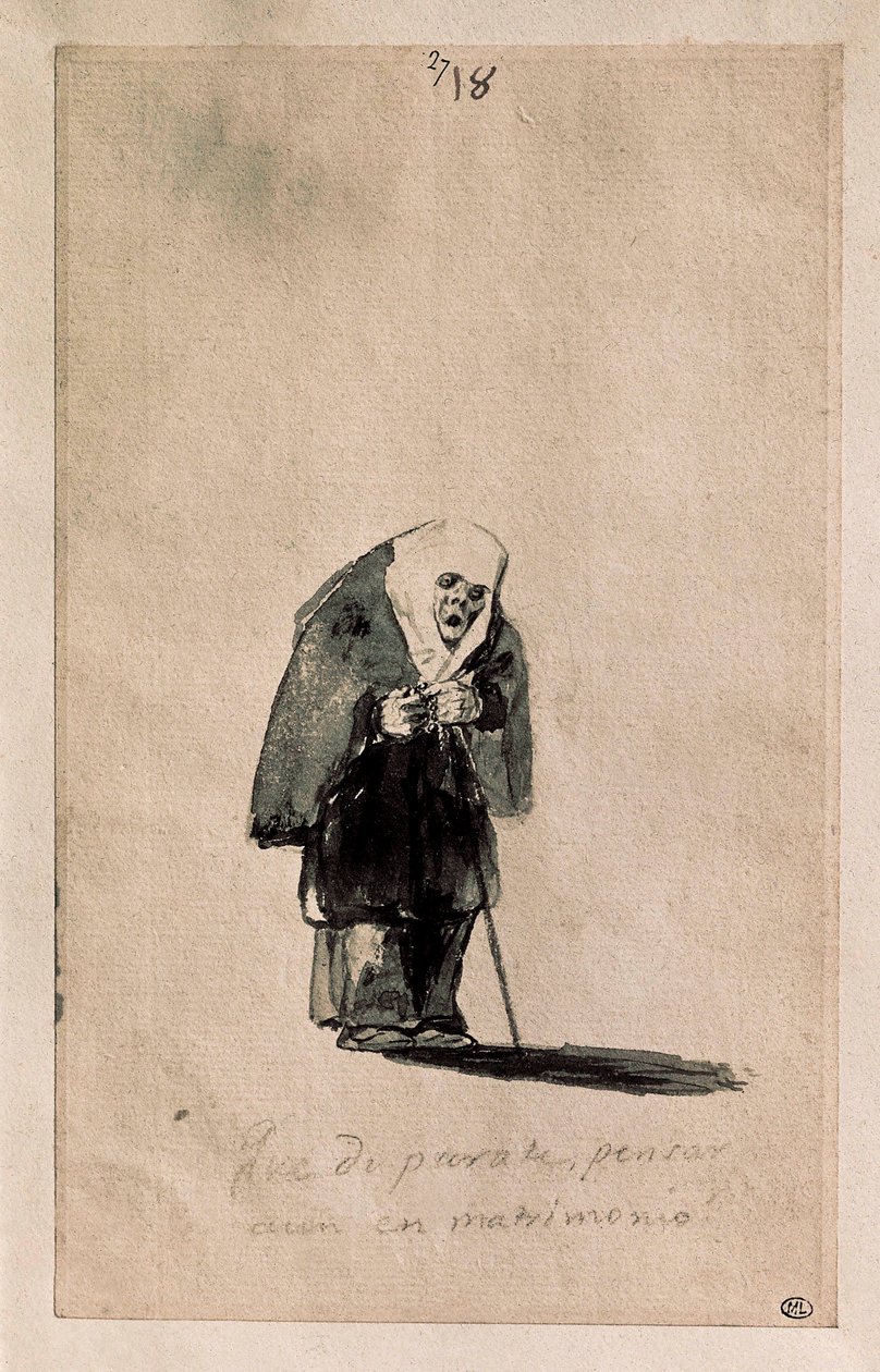 Que disparate, pensar aun en matrimonio (Hvilket tull, å fortsatt tenke på ekteskap), ca. 1819-23 (Pensel, indisk blekk, foreløpig tegning med svart stein, på hvitt lagt papir) av Francisco de Goya