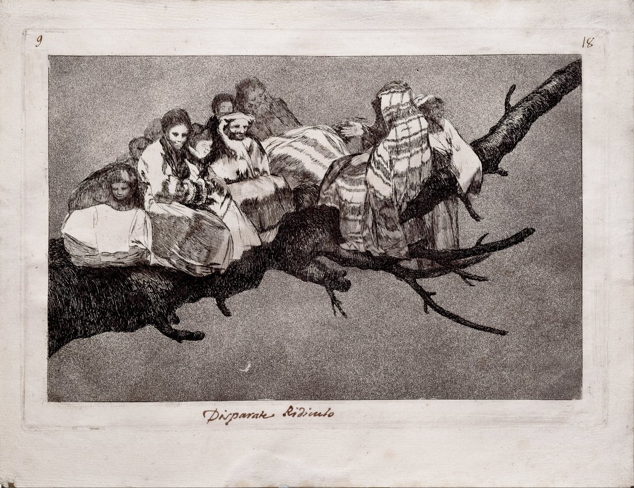 Latterlig dårskap fra serien Los Disparates Follies, 1815-1819 av Francisco de Goya