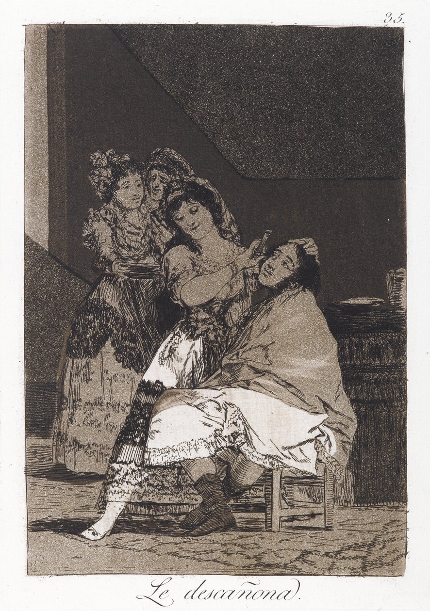 She Fleeces Him (Le descanona), plate 35 av Los Caprichos, ca. 1797-98 (etsing og akvatint på papir) av Francisco de Goya