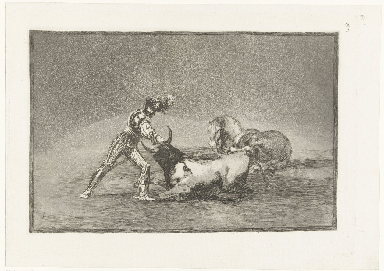 Spanse rider doody on stier En spansk ridder dreper en okse etter å ha mistet hesten sin Stierenvechten (serietittel) Tyrefekting (serietittel) av Francisco de Goya
