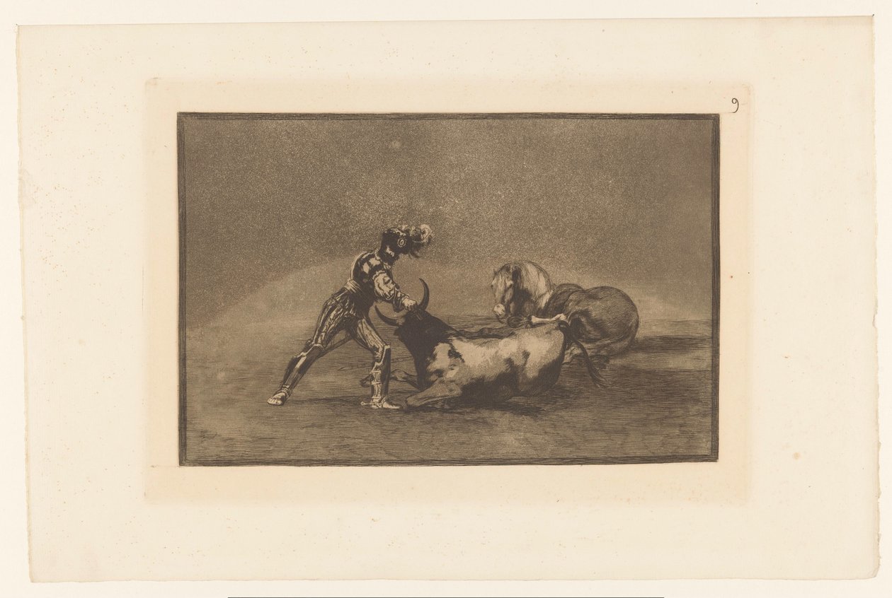 Spanse rider doodt een stier En spansk ridder dreper en okse etter å ha mistet hesten sin Stierengevechten (serietittel) La Taureamachie (serietittel) Tyrefekting (serietittel) av Francisco de Goya