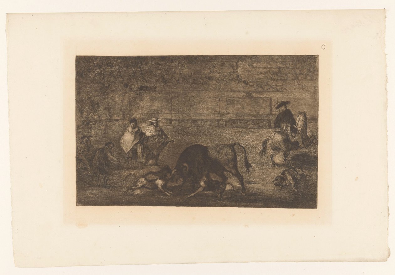 Okse angrepet av hunder Les chiens lâchés sur le taureau Tyrefekter (serietittel) La Taureaumachie (serietittel) La Tauromaquia (serietittel) av Francisco de Goya