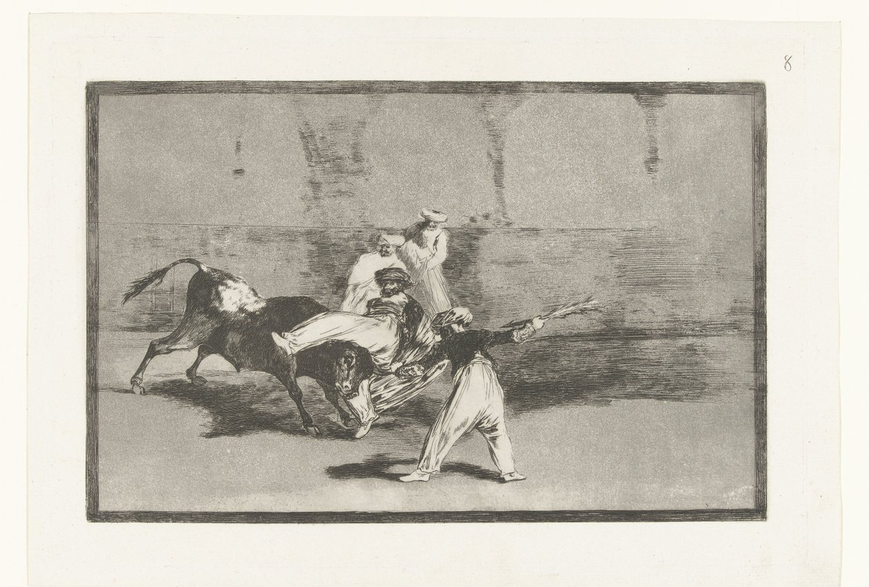 Oksen blir beslaglagt av tyrefekterne Cogida de un Moro estando en la plaza Tyrefekting (serietittel) La Tauromaquia (serietittel) av Francisco de Goya