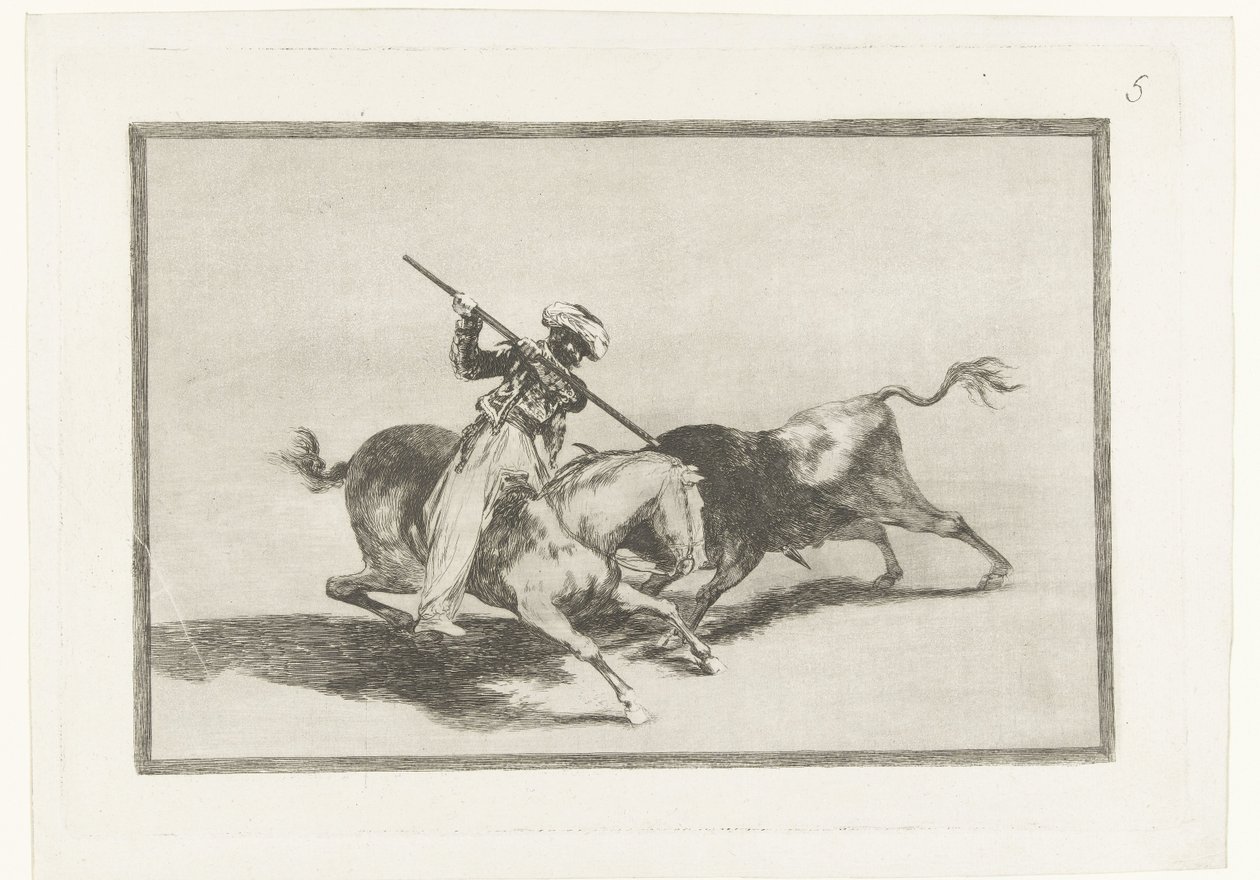 Stierenjacht te paard Den livlige Moro Gazul er den første som spyr okser i rekkefølge Tyrefekting (serietittel) Stierenvechten (serietittel) av Francisco de Goya