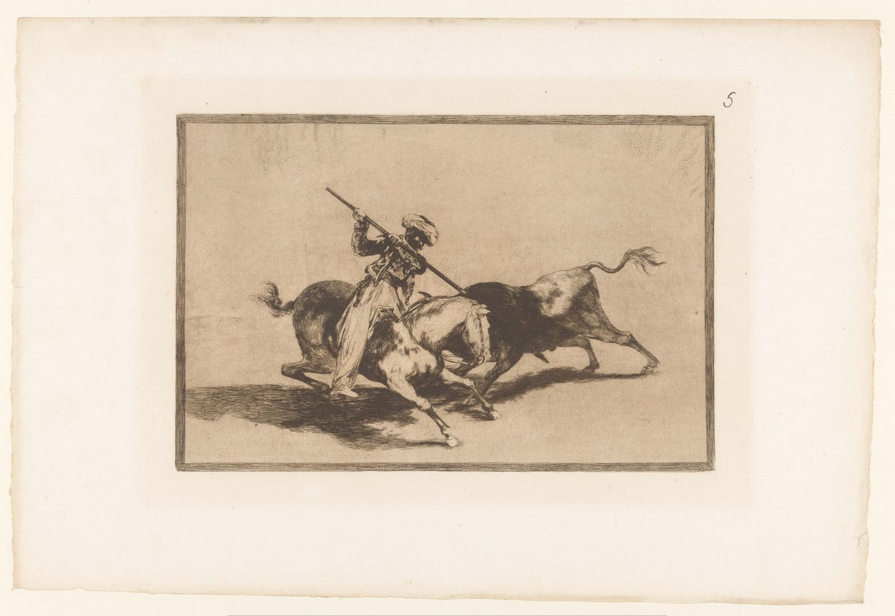 Stierenjacht te paard Den modige gazul Moor er den første som spyr okser i rekkefølge Stierengevechten (serietittel) La Taureaumachie (serietittel) La Tauromaquia (serietittel) av Francisco de Goya