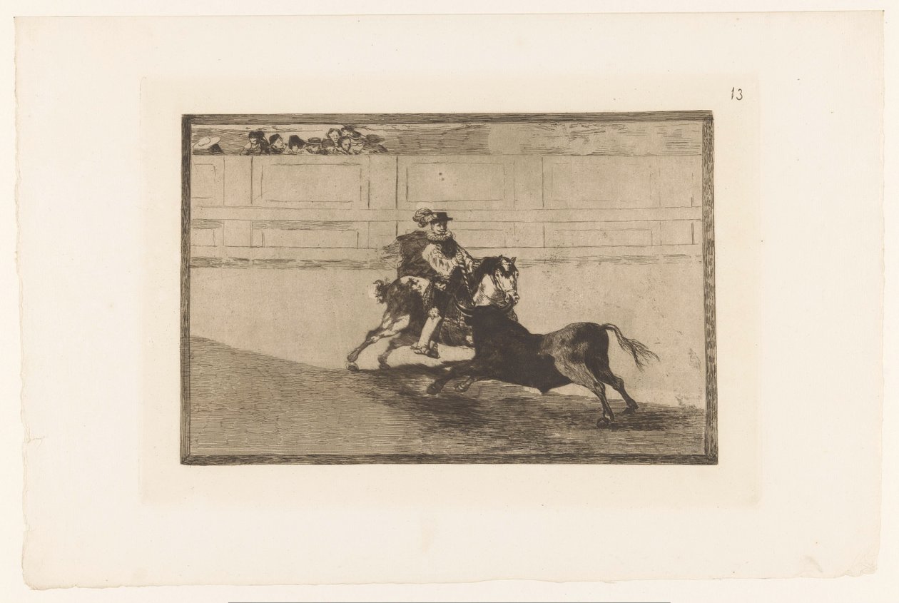 Stierenvechten i sanden En spansk gentleman på torget bryter rejoncillos uten hjelp fra hallikene Stierengevechten (serietittel) La Taureamachie (serietittel) Tyrefekting (serietittel) av Francisco de Goya