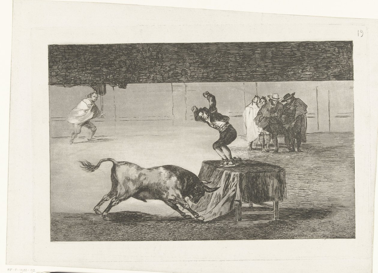 Tyrefekter står på et bord i en arena Otra locura suya en la misma plaza La Tauromaquia (serietittel) Tyrefekting (serietittel) av Francisco de Goya