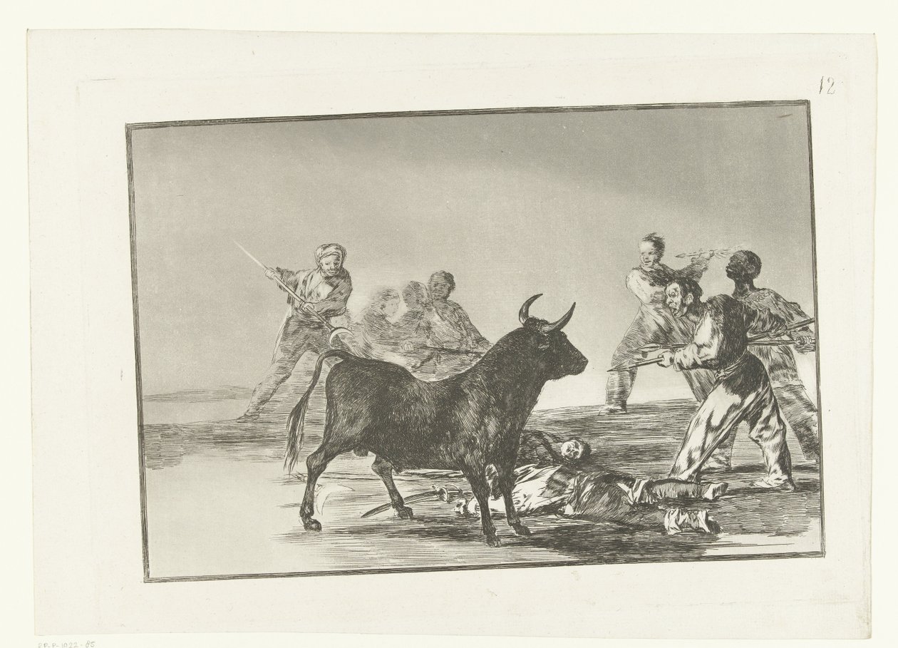 Stierenvechters rondom een stier Hamstring av skurken med spyd. halvmåner, banderillaer og andre våpen Stierenvechten (serietittel) Tyrefekting (serietittel) av Francisco de Goya