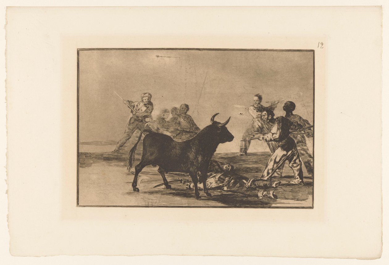 Stierenvechters rundt en ​​stier Hock av skurken med spyd, halvmåner, branderillaer og andre våpen Stierengevechten (serietittel) La Taureamachie (serietittel) Tyrefekting (serietittel) av Francisco de Goya