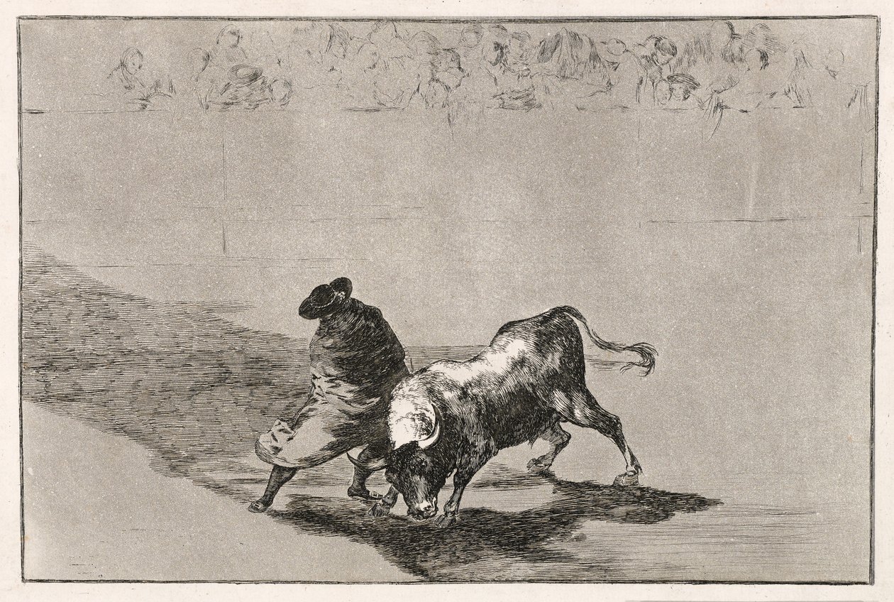 The Clever Student of Falces irriterer oksen ved å bevege seg innhyllet i kappen sin, 1814-16 av Francisco de Goya