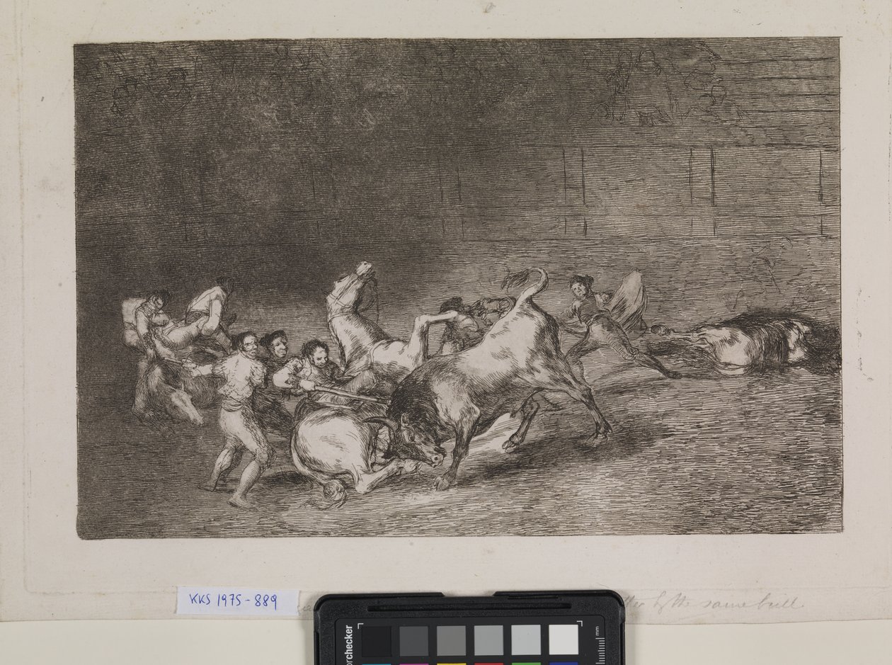 To lag med picadorer blir en etter en veltet av en enkelt okse av Francisco de Goya