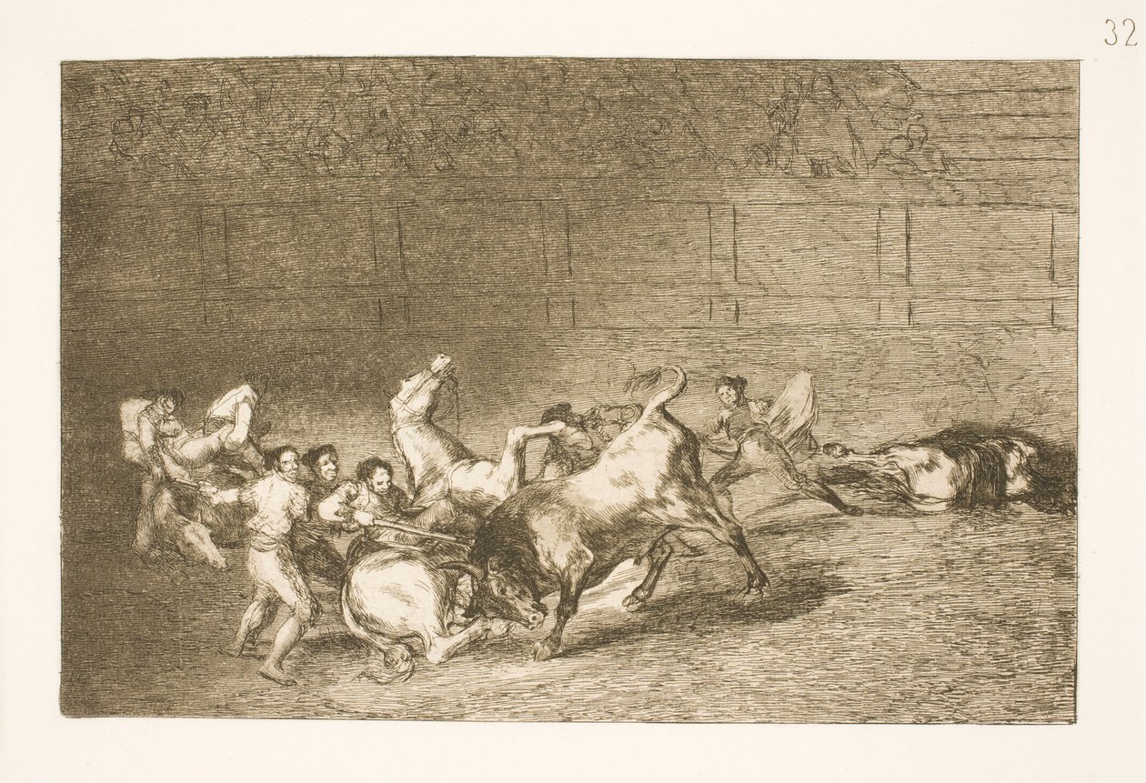 To lag med picadorer blir en etter en veltet av en enkelt okse av Francisco de Goya