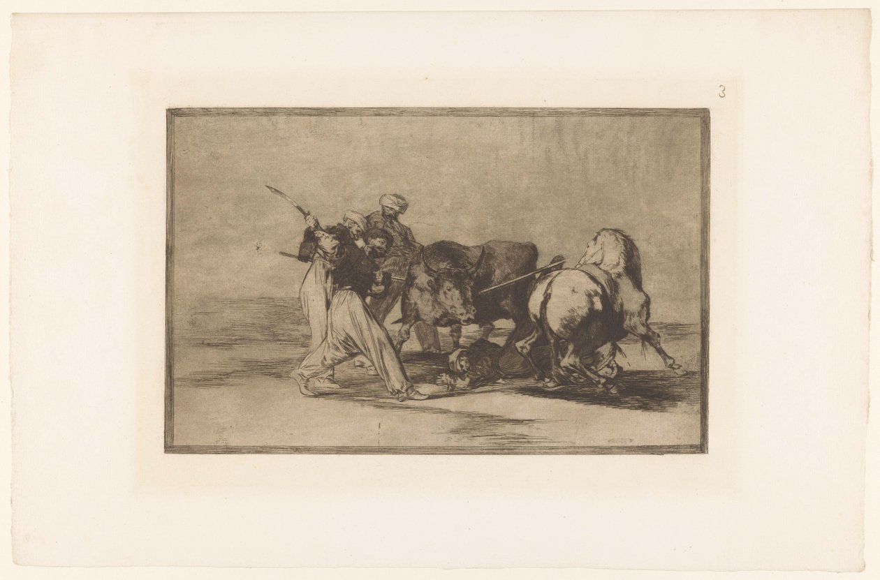 Vier mannen jagen op een stier Maurerne etablerte seg i Spania og unnlot overtroen til deres alcorán (...) Stierengevechten (serietittel) La Taureamachie (serietittel) Tyrefekting (serietittel) av Francisco de Goya