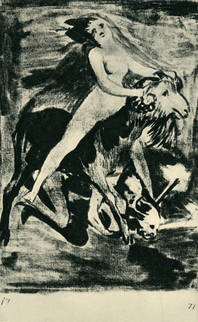 Heks som rir på en geit, slutten av 1700-begynnelsen av 1800-tallet, 1943. av Francisco de Goya