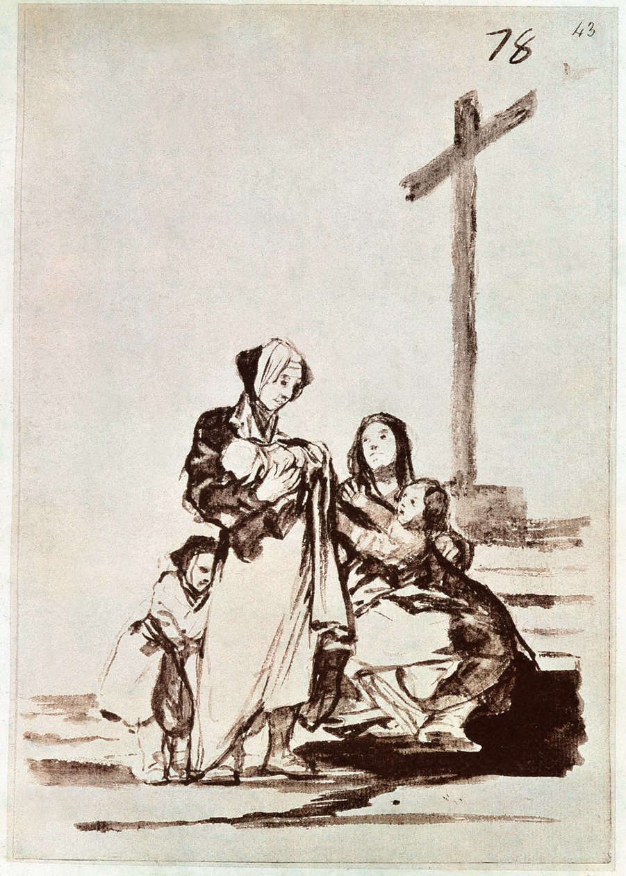 Kvinner og barn nær et kors (gravering) av Francisco de Goya