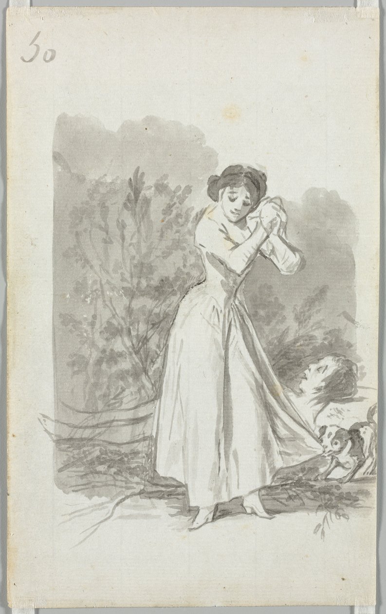 Ung kvinne vri hendene over en manns nakne kropp (verso) av Francisco de Goya