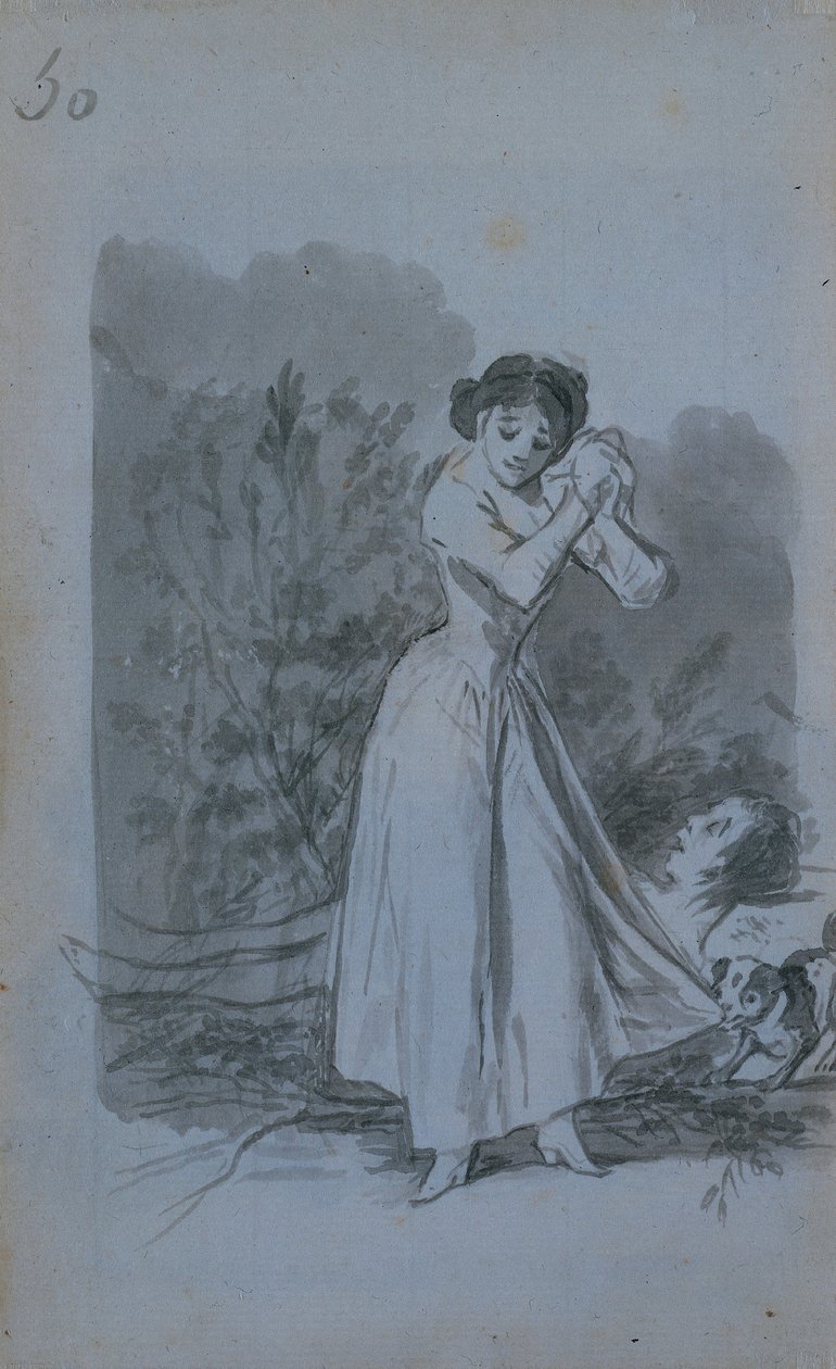 Ung kvinne vri hendene over en manns nakne kropp verso, 1796-97. av Francisco de Goya