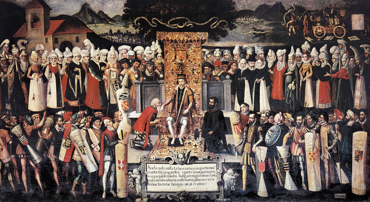 Seremoni med håndkyssing (håndkyssing) etter erklæringen om privilegier av kong Ferdinand den katolske (1452-1516). Maleri av Francisco de mendieta Y Retes (1500-tallet). Spania, Guernica. Juntas hus. av Francisco de Mendieta y Retes