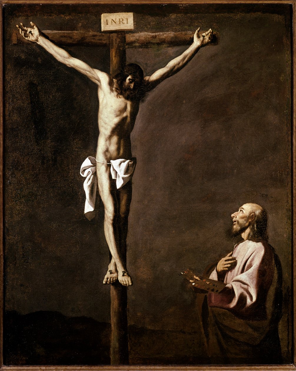 Korsfestelse og maler Selvportrett av kunstneren i rollen som St. Lukas ved foten av korset. Maleri av Francisco de Zurbaran (1598-1664) 1635-1640 Dim. 105x84 cm Madrid, Prado-museet av Francisco de Zurbaran