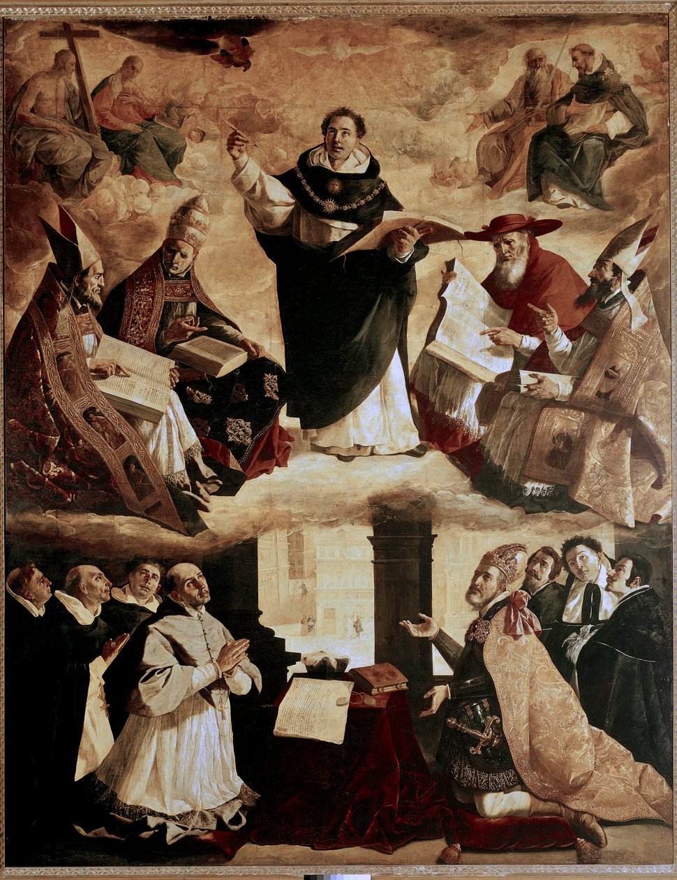 Malerier for Mayor de Santo Tomas College i Sevilla: apoteose av St. Thomas av Aquinas eller apoteose av St. Thomas av Aquinas med legene i kirken av Francisco de Zurbaran