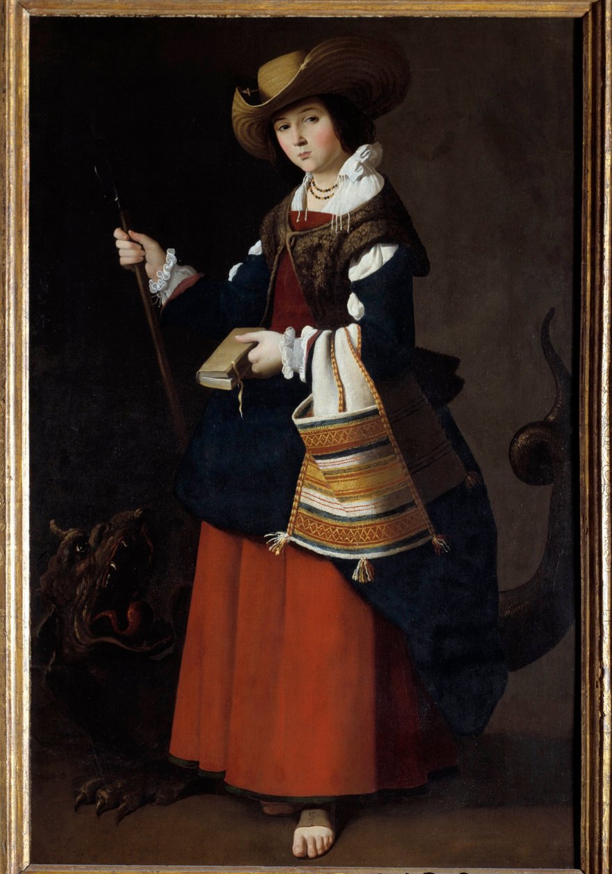 Stående portrett av Saint Margaret of Antioch of Pisidia eller Saint Marine Painting av Francisco de Zurbaran (1598-1664) 1630 Søn. 1,63 X 1,05 m London, Nasjonalgalleriet - Portrett av St. Johannes døperen i full lengde. Margaret av Antiokia (av Pisidia)  av Francisco de Zurbaran