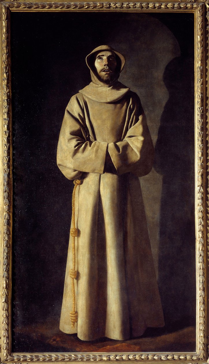 Portrett av Saint Francois av Assisi: Den hellige er representert i ekstase, Han bærer en kasse med, som et belte, et tau med knuter. Maleri av Francisco de Zurbaran (1598-1664) av Francisco de Zurbaran