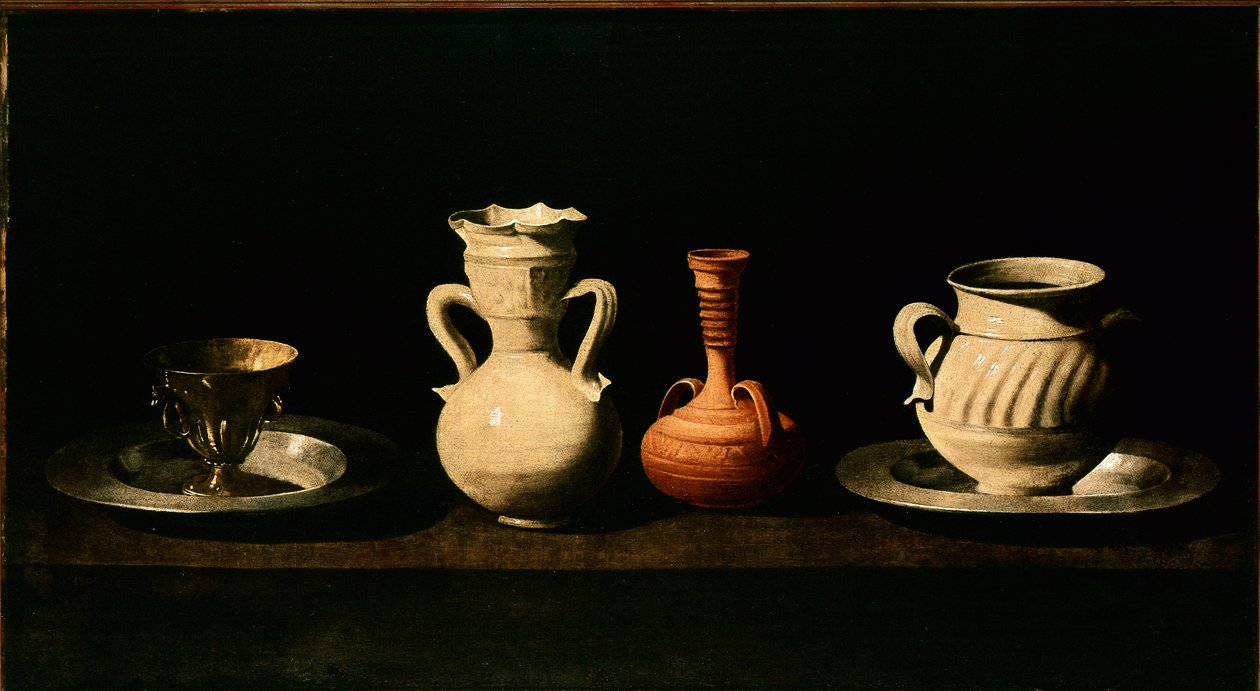Stilleben Kander, gryter. Maleri av Francisco de Zurbaran (1598-1664) 1633 Søn. 46x84 cm Madrid, Prado-museet av Francisco de Zurbaran