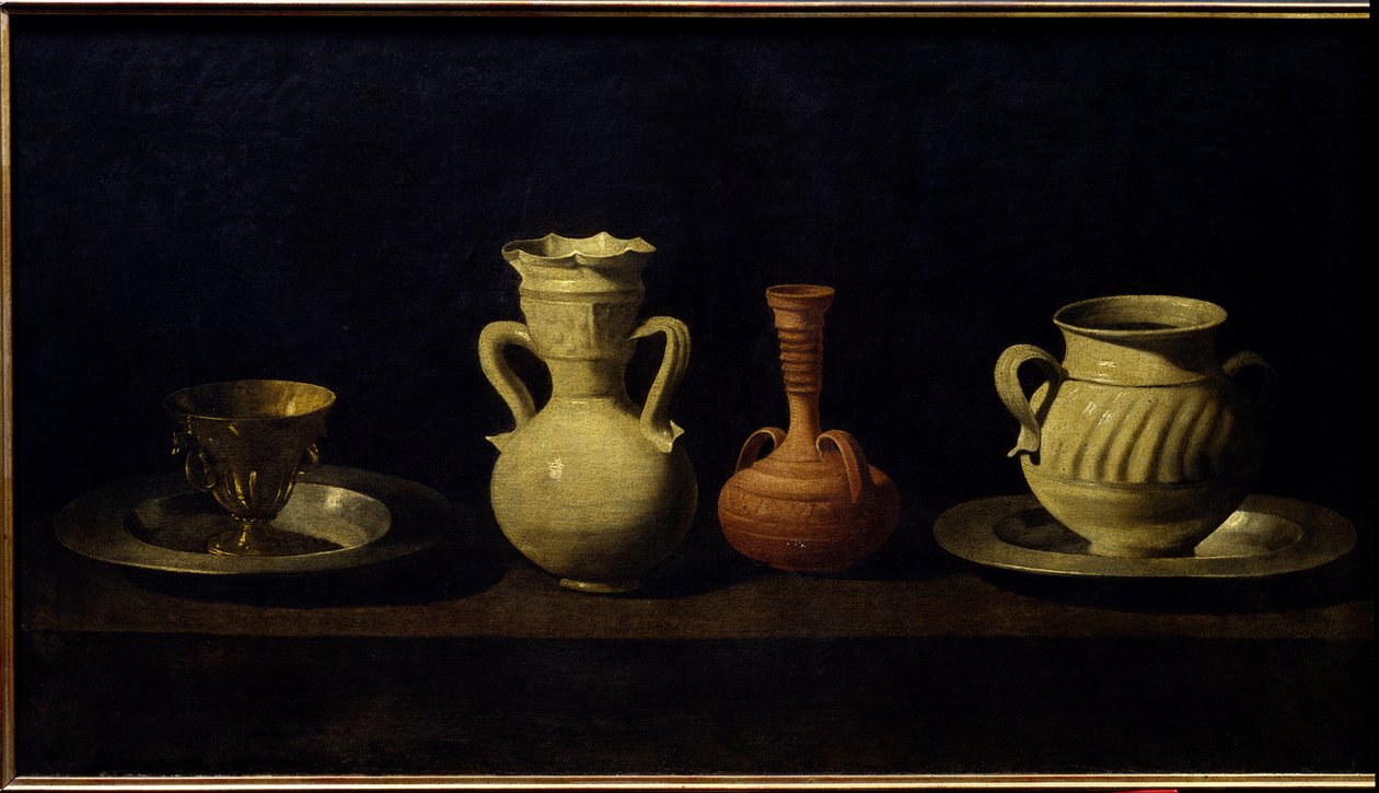 Stilleben, kopper og vaser. Maleri av Francisco de Zurbaran (1598 - 1664) av Francisco de Zurbaran