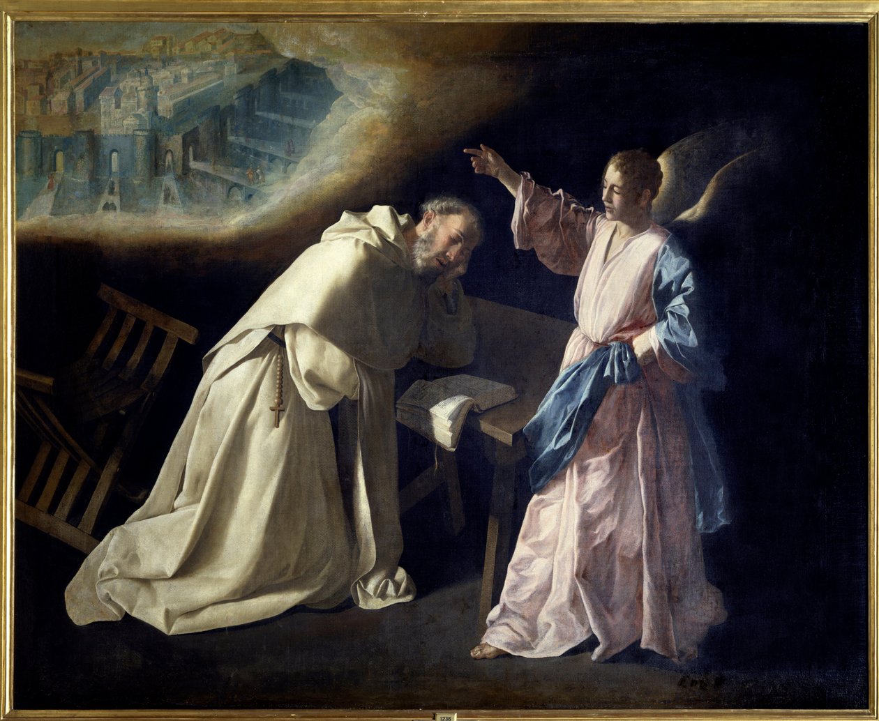 Visjonen til Saint Peter Nolasque (1189-1256) Etter å ha hatt en visjon av Jomfruen i 1218, grunnla presten Order of Our Lady of Mercy. Han er en representant med en engel som viser ham det himmelske Jerusalem. Maleri av Francisco de Zurbaran (1598 av Francisco de Zurbaran