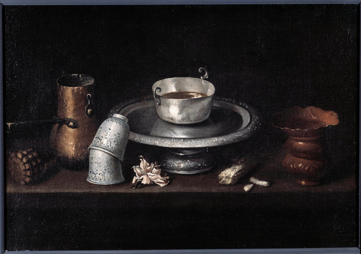 Stilleben sjokolade frokost av sjokolade kopp, kopper. Maleri av Francisco de Zurbaran (1598-1664). Besançon fra 1600-tallet, Museum of Fine Arts av Francisco de Zurbaran