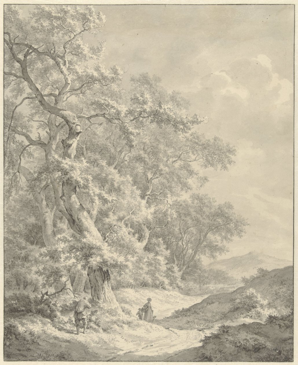Landskap med turgåere på sti langs skogen av Franciscus Andreas Milatz