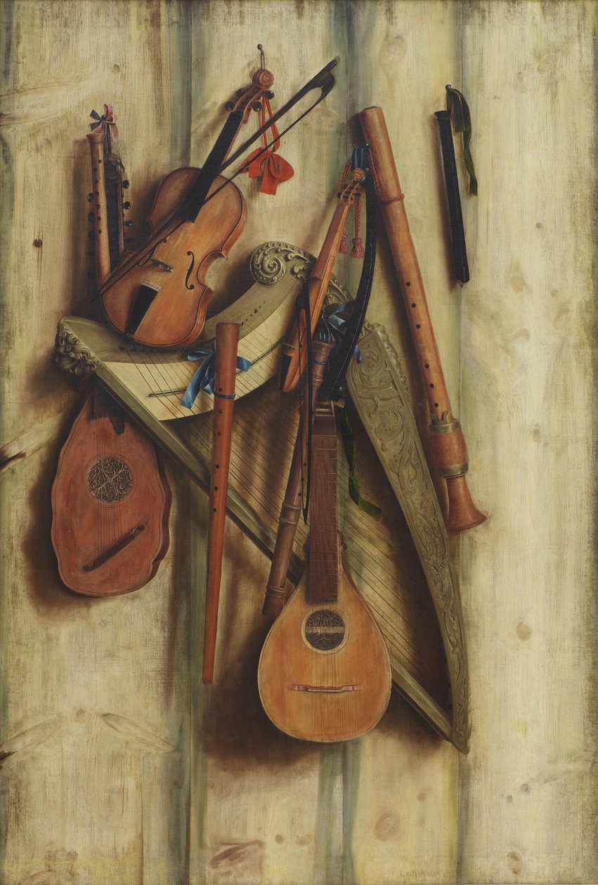Brettskillevegg med musikkinstrumenter. Trompe l