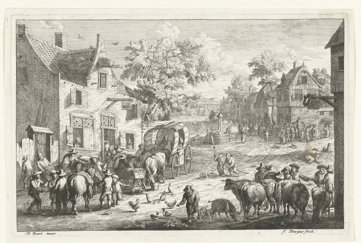 Landsbyutsikt med reisende og storfehandlere på vertshuset av Franciscus de Bargas