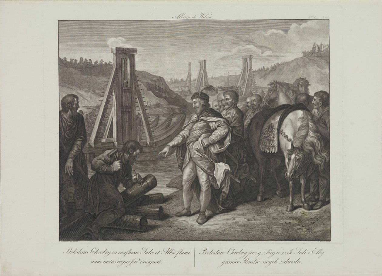 Boleslaw I fra Polen stikker grensestolper i elvene Elbe og Saale av Smuglewicz, Franciszek (1745-1807). Litografi, slutten av 1700-tallet. Privat samling av Franciszek Smuglewicz