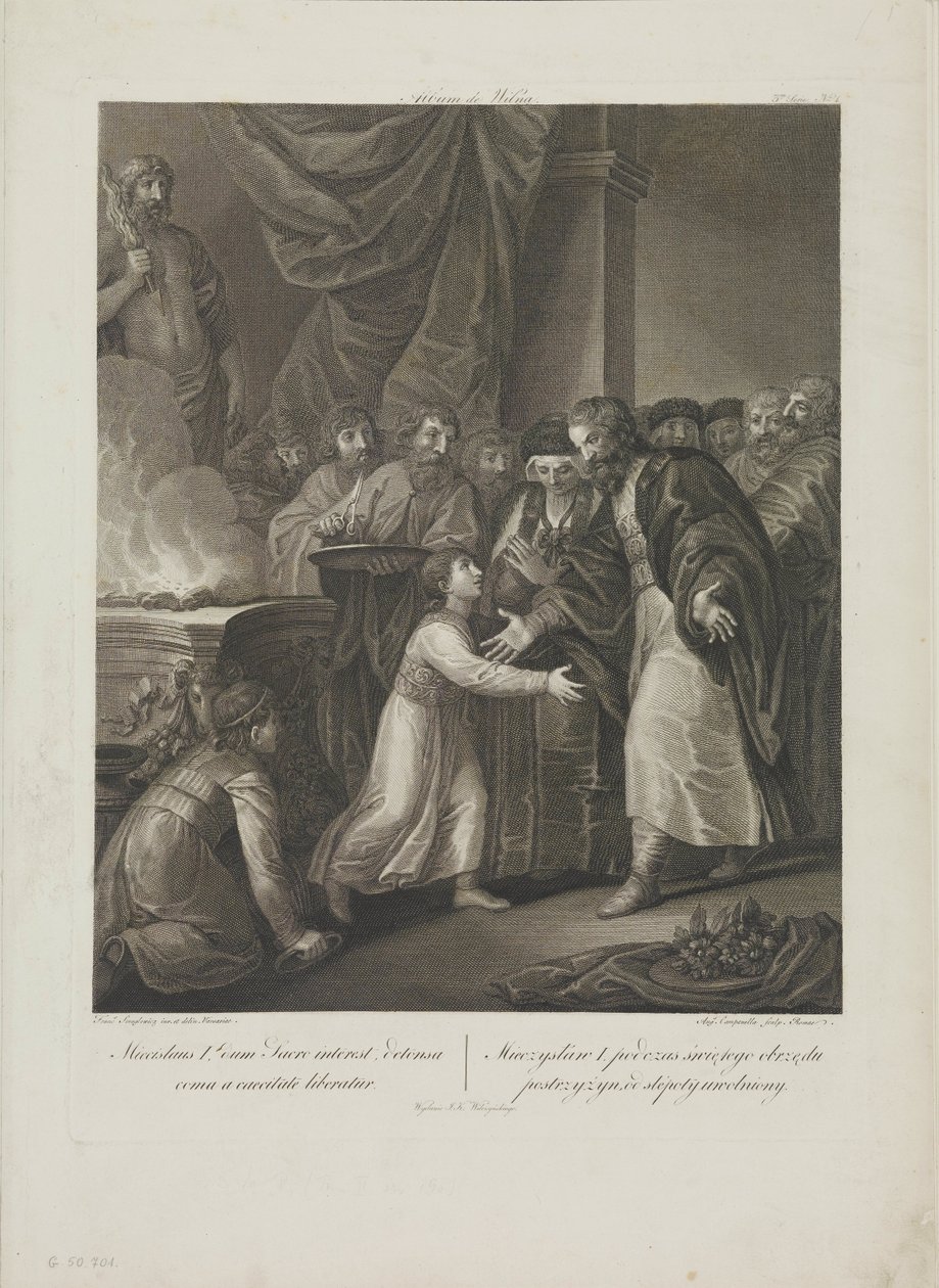 Mieszko I fra Polen mottar tonsuren av Smuglewicz, Franciszek (1745-1807). Litografi, slutten av 1700-tallet. Privat samling av Franciszek Smuglewicz